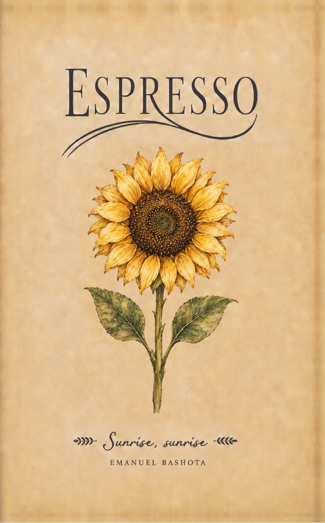Espresso by Emanuel Bashota: a golden sunflower on a warm parchment cover